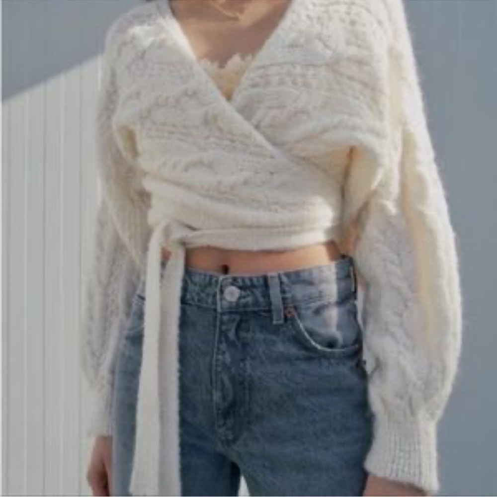 Zara NWOT Beige Wrap Style Cable Knit V Neck Cardigan Alpaca Blend size S